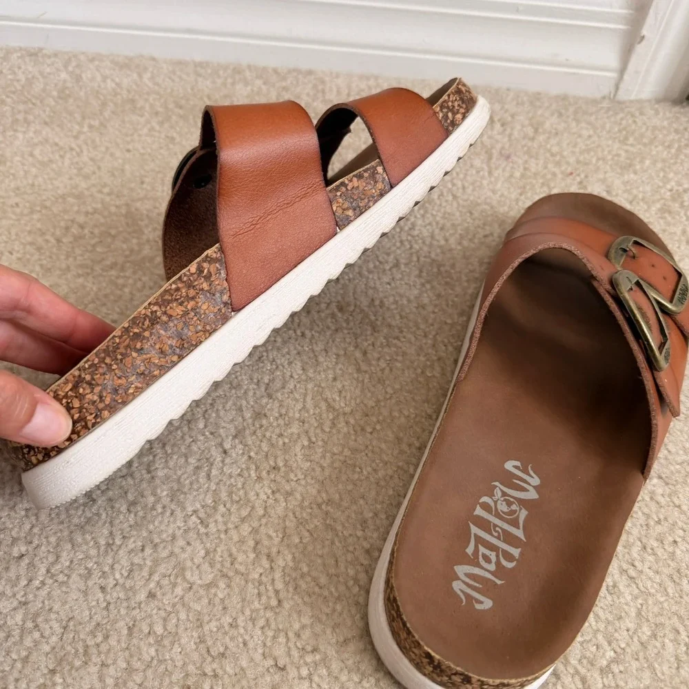 Mad Love Cognac Brown Double Strap Buckle Footbed Slide Sandals Womens 9